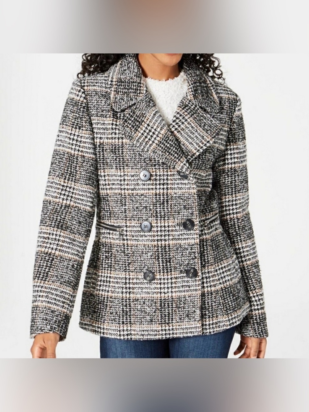 Maralyn & Me Black and White Plaid Double-Breasted Pea Coat